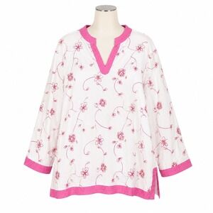 Mandarin Blue Tunic Womens 1X White Pink Floral Embroidered Linen Blend V-Neck